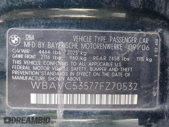 2007 BMW 3 Series 328i z VIN WBAVC53577FZ70532, wystawiony jako IAAI lot #42507614 z przebiegiem Nie podano mil oraz . Historia ofert i sprzedaży dostępna na DreamBid. Obrazek 9.