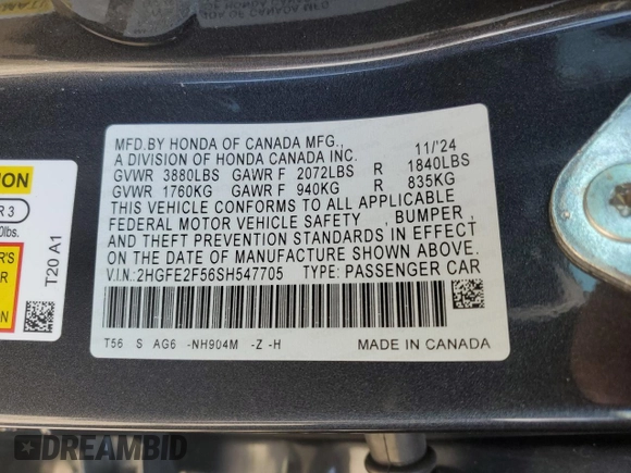 2025 Honda Civic Sport z VIN 2HGFE2F56SH547705, wystawiony jako Copart lot #55899805 z przebiegiem 15 423 mil mil oraz Szkoda całkowita • Salvage title. Historia ofert i sprzedaży dostępna na DreamBid. Obrazek 12.