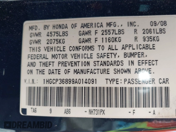 2009 Honda Accord EX-L with VIN 1HGCP36899A014091, listed as a IAAI auction lot 42122450 with 152,374 mi miles and . Bid and sale history available at DreamBid. Image 9.