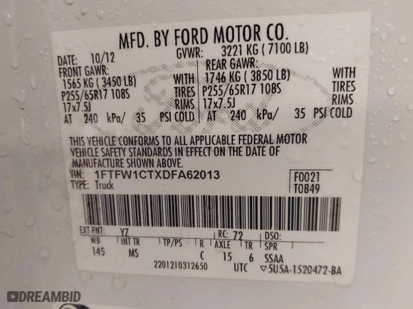 2013 Ford F-150 XL with VIN 1FTFW1CTXDFA62013, listed as a IAAI auction lot 41645531 with 185,555 mi miles. Bid and sale history available at carsss.com. Image 9.