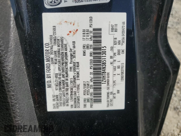 2008 Ford Mustang Deluxe with VIN 1ZVHT84N385113015, listed as a Copart auction lot 56558495 with 120,085 mi miles and Salvage title. Bid and sale history available at DreamBid. Image 13.
