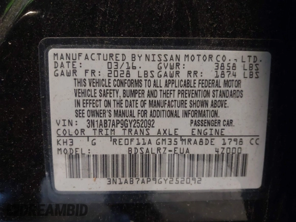 2016 Nissan Sentra SV with VIN 3N1AB7AP9GY252092, listed as a IAAI auction lot 41640343 with 81,631 mi miles and . Bid and sale history available at DreamBid. Image 9.