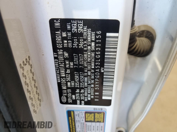 2020 Kia Sorento LX V6 with VIN 5XYPGDA53LG631156, listed as a Copart auction lot 44070025 with 114,084 mi miles and Salvage Title. Bid and sale history available at carsss.com. Image 14.