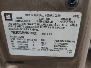 2003 GMC Yukon SLT z VIN 1GKEK13Z93R211332, wystawiony jako IAAI lot #41739150 z przebiegiem Nie podano mil oraz . Historia ofert i sprzedaży dostępna na DreamBid. Obrazek 9.