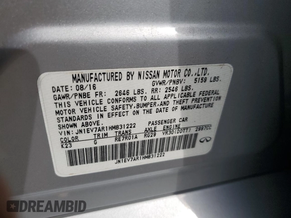 2017 Infiniti Q50 Signature Edition с VIN JN1EV7AR1HM831222, выставлен на аукционе Copart как лот 56303285 с пробегом 107 585 миль миль и Списание • Salvage title. История ставок и продаж доступна на DreamBid. Изображение 12.