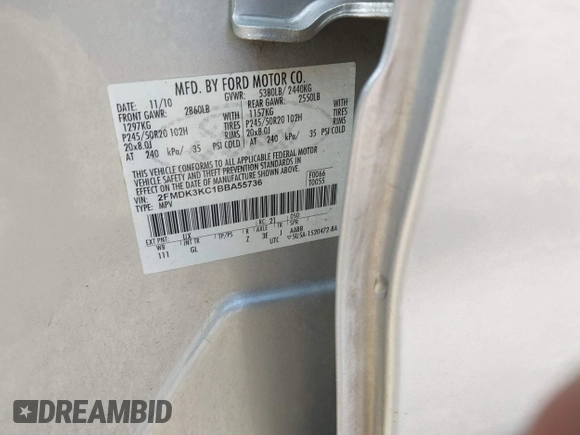 2011 Ford Edge Limited with VIN 2FMDK3KC1BBA55736, listed as a IAAI auction lot 40842361 with 156,697 mi miles. Bid and sale history available at carsss.com. Image 9.