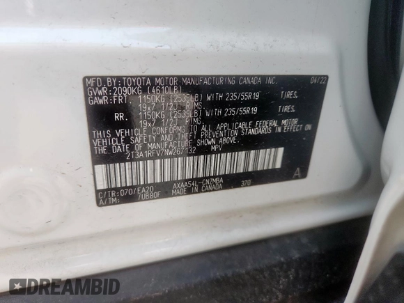 2022 Toyota RAV4 XLE Premium with VIN 2T3A1RFV7NW267132, listed as a Copart auction lot 57172245 with 21,350 mi miles and Salvage title. Bid and sale history available at DreamBid. Image 14.