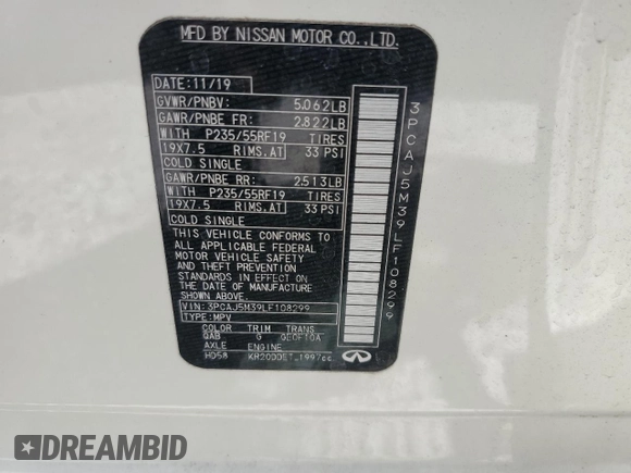 2020 Infiniti QX50 Sensory z VIN 3PCAJ5M39LF108299, wystawiony jako Copart lot #65419795 z przebiegiem 59 629 mil mil oraz Szkoda całkowita • Salvage title. Historia ofert i sprzedaży dostępna na DreamBid. Obrazek 13.