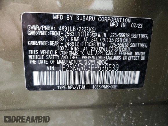 2023 Subaru Forester Touring z VIN JF2SKARC3PH536539, wystawiony jako Copart lot #47570075 z przebiegiem 10 598 mil mil oraz Szkoda całkowita • Salvage title. Historia ofert i sprzedaży dostępna na DreamBid. Obrazek 14.