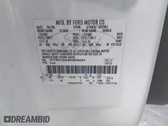 2006 Ford F-150 STX with VIN 1FTRX12W46NB36041, listed as a IAAI auction lot 42586272 with 209,125 mi miles and . Bid and sale history available at DreamBid. Image 9.