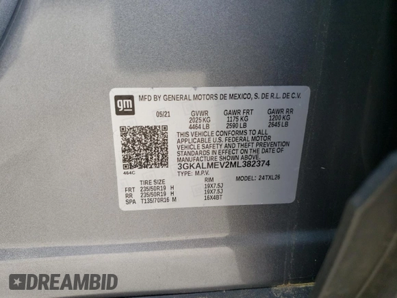 2021 GMC Terrain SLE z VIN 3GKALMEV2ML382374, wystawiony jako Copart lot #60598425 z przebiegiem 52 347 mil mil oraz Szkoda całkowita • Salvage title. Historia ofert i sprzedaży dostępna na DreamBid. Obrazek 14.