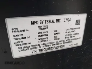 2024 Tesla Cybertruck z VIN 7G2CEHED3RA021703, wystawiony jako IAAI lot #41392666 z przebiegiem 7 244 mil mil oraz . Historia ofert i sprzedaży dostępna na DreamBid. Obrazek 9.