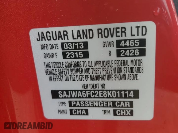 2014 Jaguar F-Type S with VIN SAJWA6FC2E8K01114, listed as a Copart auction lot 74242084 with Not Provided miles and Salvage Title. Bid and sale history available at DreamBid. Image 12.