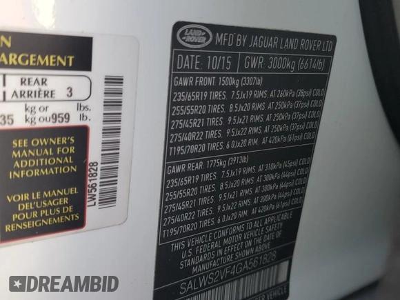 2016 Land Rover Range Rover Sport HSE with VIN SALWS2VF4GA561828, listed as a Copart auction lot 86288484 with 124,065 mi miles and Salvage title. Bid and sale history available at DreamBid. Image 13.