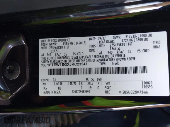 2018 Ford F-150 XL with VIN 1FTEW1EGXJKC23541, listed as a IAAI auction lot 41098545 with 148,631 mi miles. Bid and sale history available at carsss.com. Image 9.