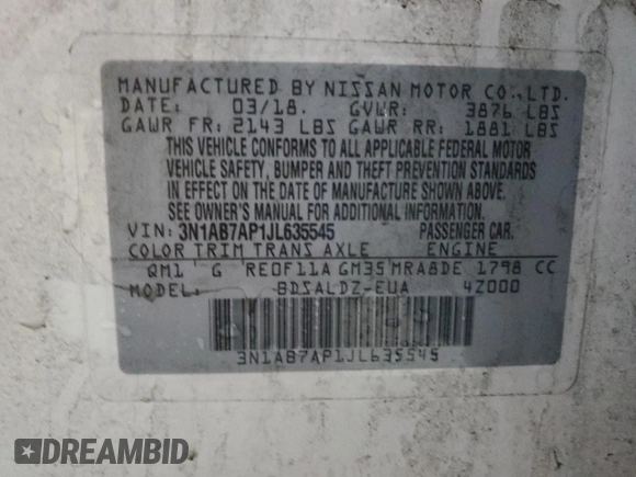 2018 Nissan Sentra SV with VIN 3N1AB7AP1JL635545, listed as a Copart auction lot 47630705 with 116,390 mi miles and Clean Title. Bid and sale history available at carsss.com. Image 12.