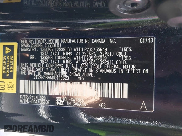 2013 Lexus RX 350 z VIN 2T2ZK1BA5DC119523, wystawiony jako IAAI lot #42359613 z przebiegiem 118 798 mil mil oraz . Historia ofert i sprzedaży dostępna na DreamBid. Obrazek 9.