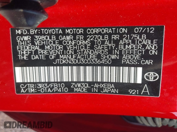 2012 Toyota Prius One z VIN JTDKN3DU3C0336450, wystawiony jako IAAI lot #42402330 z przebiegiem 91 582 mil mil oraz . Historia ofert i sprzedaży dostępna na DreamBid. Obrazek 9.