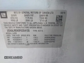2015 GMC Terrain SLE with VIN 2GKALREK6F6354135, listed as a IAAI auction lot 41516383 with 140,905 mi miles. Bid and sale history available at carsss.com. Image 9.