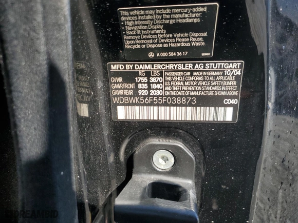 2005 Mercedes-Benz SLK-Class with VIN WDBWK56F55F038873, listed as a Copart auction lot 46982825 with 169,826 mi miles and Salvage Title. Bid and sale history available at carsss.com. Image 12.