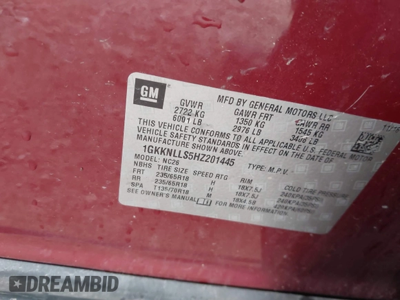 2017 GMC Acadia SLE with VIN 1GKKNLLS5HZ201445, listed as a IAAI auction lot 41555061 with 133,196 mi miles. Bid and sale history available at carsss.com. Image 9.