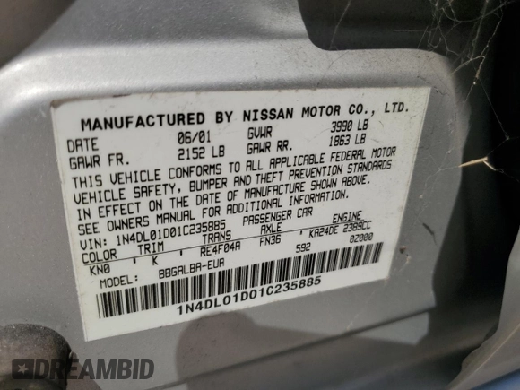 2001 Nissan Altima GXE with VIN 1N4DL01D01C235885, listed as a Copart auction lot 72477444 with 0 mi miles and Salvage Title. Bid and sale history available at carsss.com. Image 14.