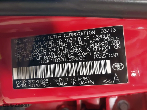 2013 Toyota Prius c One with VIN JTDKDTB32D1038030, listed as a IAAI auction lot 41568174 with 1 mi miles. Bid and sale history available at carsss.com. Image 9.