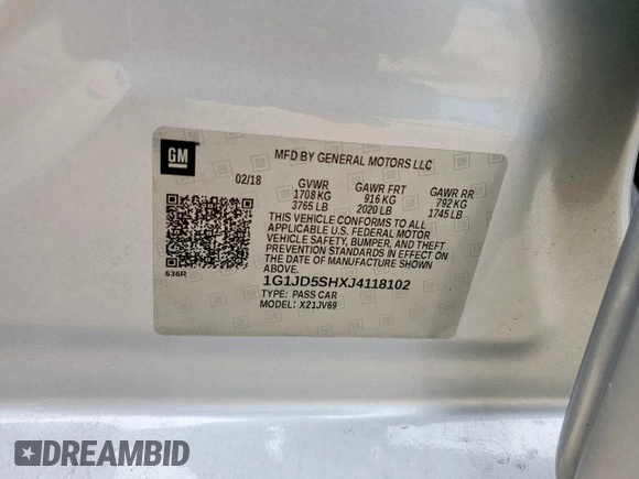 2018 Chevrolet Sonic LT with VIN 1G1JD5SHXJ4118102, listed as a Copart auction lot 60783855 with 63,607 mi miles and Salvage title. Bid and sale history available at DreamBid. Image 12.