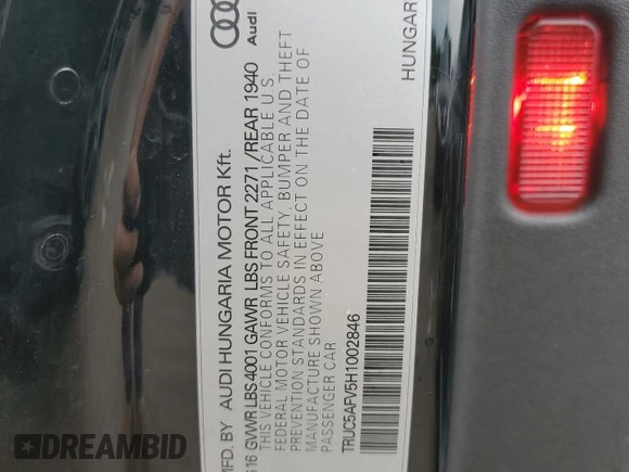 2017 Audi TT z VIN TRUC5AFV5H1002846, wystawiony jako Copart lot #66551264 z przebiegiem 69 753 mil mil oraz Szkoda całkowita • Salvage title. Historia ofert i sprzedaży dostępna na DreamBid. Obrazek 13.