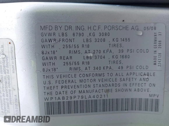 2009 Porsche Cayenne S with VIN WP1AB29P79LA40211, listed as a IAAI auction lot 42348900 with 188,673 mi miles and . Bid and sale history available at DreamBid. Image 9.