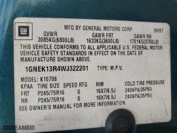 1998 Chevrolet Tahoe with VIN 1GNEK13R4WJ322201, listed as a Copart auction lot 64249464 with 241,168 mi miles and Salvage Title. Bid and sale history available at carsss.com. Image 13.