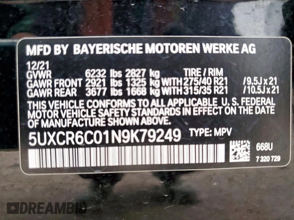 2022 BMW X5 xDrive40i with VIN 5UXCR6C01N9K79249, listed as a Copart auction lot 59142615 with 46,758 mi miles and Salvage title. Bid and sale history available at DreamBid. Image 13.