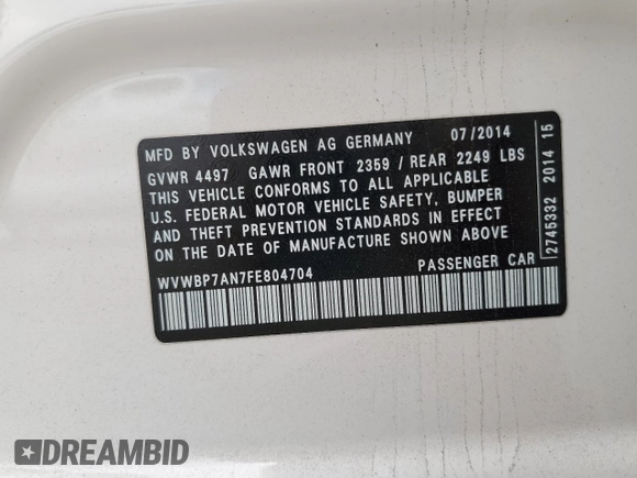 2015 Volkswagen CC Sport с VIN WVWBP7AN7FE804704, выставлен на аукционе Copart как лот 56415865 с пробегом 42 765 миль миль и Списание • Salvage title. История ставок и продаж доступна на DreamBid. Изображение 12.