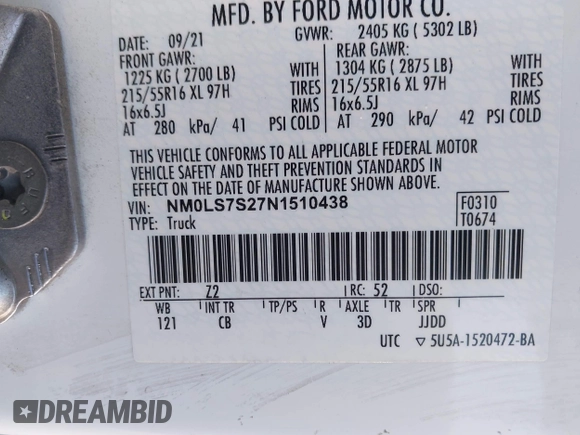2022 Ford Transit Connect XL with VIN NM0LS7S27N1510438, listed as a IAAI auction lot 42131590 with 141,528 mi miles and . Bid and sale history available at DreamBid. Image 9.