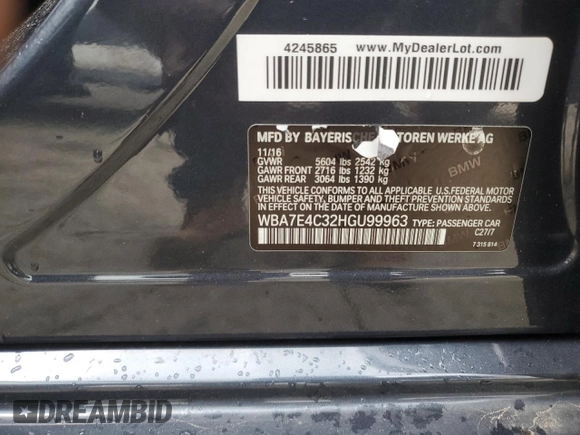 2017 BMW 7 Series 740i xDrive with VIN WBA7E4C32HGU99963, listed as a Copart auction lot 65848354 with 99,396 mi miles and Salvage Title. Bid and sale history available at carsss.com. Image 12.