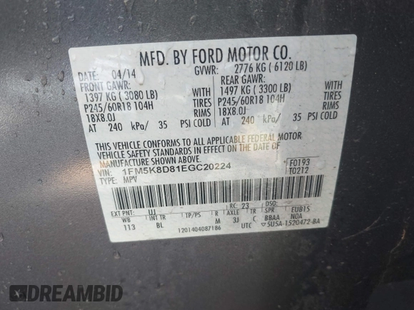 2014 Ford Explorer XLT with VIN 1FM5K8D81EGC20224, listed as a IAAI auction lot 42081013 with 97,374 mi miles and . Bid and sale history available at carsss.com. Image 9.