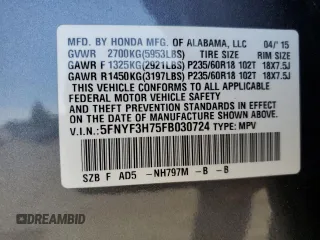 2015 Honda Pilot EX-L with VIN 5FNYF3H75FB030724, listed as a Copart auction lot 57457575 with 142,613 mi miles and Salvage title. Bid and sale history available at DreamBid. Image 14.
