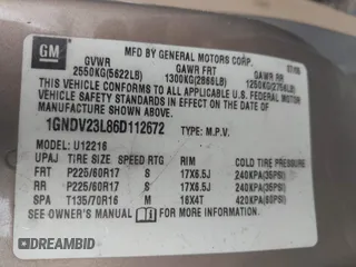2006 Chevrolet Uplander LS Fleet with VIN 1GNDV23L86D112672, listed as a IAAI auction lot 41749527 with 235,074 mi miles and . Bid and sale history available at DreamBid. Image 9.