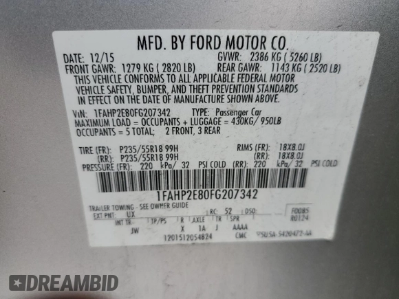 2015 Ford Taurus SEL with VIN 1FAHP2E80FG207342, listed as a Copart auction lot 55469205 with 116,529 mi miles and Clean Title. Bid and sale history available at carsss.com. Image 12.
