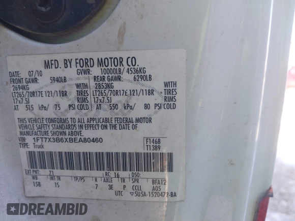 2011 Ford F-350 with VIN 1FT7X3B6XBEA80460, listed as a IAAI auction lot 41367342 with 348,242 mi miles and . Bid and sale history available at DreamBid. Image 9.