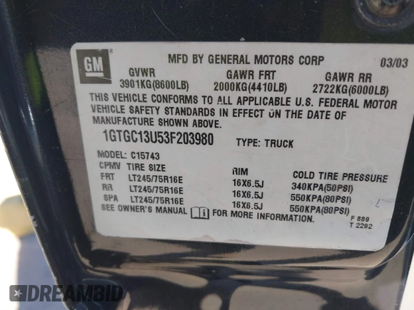 2003 GMC Sierra 1500HD SLE z VIN 1GTGC13U53F203980, wystawiony jako IAAI lot #41206524 z przebiegiem 309 414 mil mil oraz . Historia ofert i sprzedaży dostępna na DreamBid. Obrazek 9.