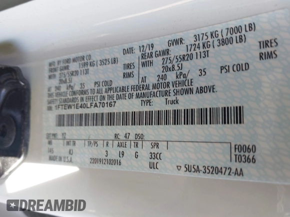 2020 Ford F-150 XL with VIN 1FTEW1E40LFA70167, listed as a IAAI auction lot 41223461 with 147,845 mi miles and . Bid and sale history available at DreamBid. Image 9.