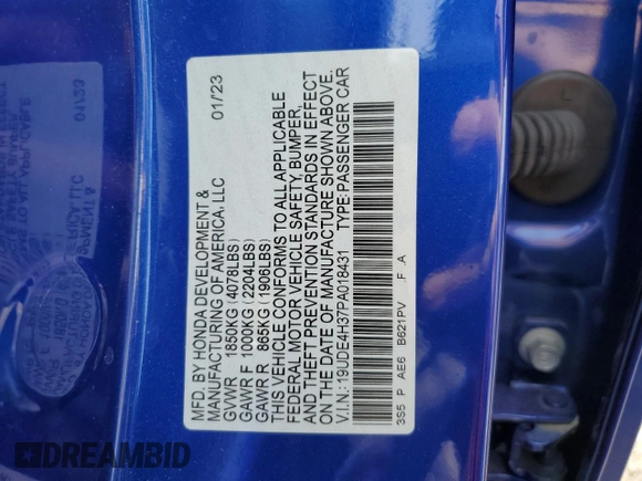 2023 Acura Integra w/A-Spec Package with VIN 19UDE4H37PA018431, listed as a Copart auction lot 49478415 with 15,168 mi miles and Salvage Title. Bid and sale history available at DreamBid. Image 14.