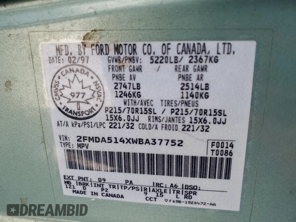 1998 Ford Windstar GL z VIN 2FMDA514XWBA37752, wystawiony jako Copart lot #46063335 z przebiegiem 211 145 mil mil oraz Szkoda całkowita • Salvage title. Historia ofert i sprzedaży dostępna na DreamBid. Obrazek 13.
