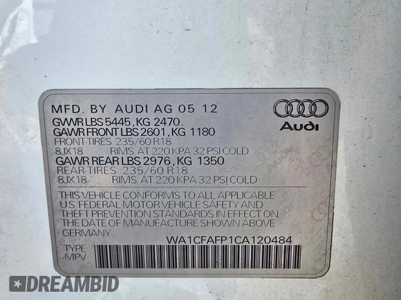 2012 Audi Q5 Premium z VIN WA1CFAFP1CA1204, wystawiony jako Copart lot #60001485 z przebiegiem 134 934 mil mil oraz Czysty tytuł • Clean title. Historia ofert i sprzedaży dostępna na DreamBid. Obrazek 10.