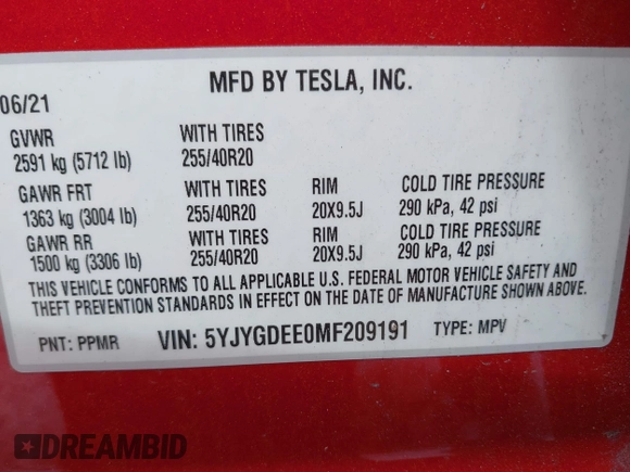 2021 Tesla Model Y Long Range with VIN 5YJYGDEE0MF209191, listed as a IAAI auction lot 41937507 with 56,131 mi miles. Bid and sale history available at carsss.com. Image 9.