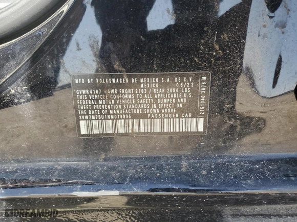 2022 Volkswagen Jetta SE with VIN 3VW7M7BU1NM019895, listed as a Copart auction lot 47289385 with 40,504 mi miles and Salvage Title. Bid and sale history available at carsss.com. Image 12.