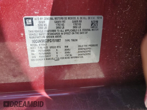 2015 Chevrolet Silverado 1500 LTZ with VIN 3GCUKSEC2FG151887, listed as a Copart auction lot 52625675 with 166,286 mi miles and Salvage Title. Bid and sale history available at carsss.com. Image 12.