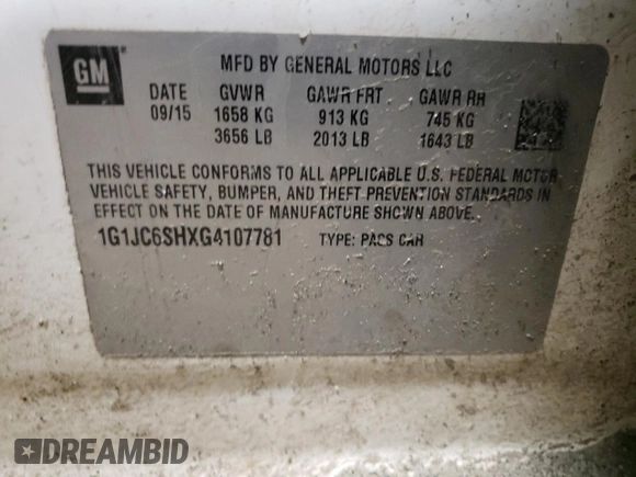 2016 Chevrolet Sonic LT with VIN 1G1JC6SHXG4107781, listed as a Copart auction lot 87621095 with 0 mi miles and Non Repairable. Bid and sale history available at carsss.com. Image 14.