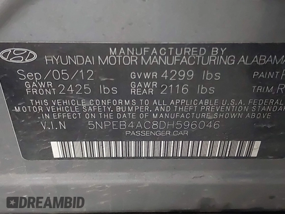 2013 Hyundai Sonata GLS with VIN 5NPEB4AC8DH596046, listed as a IAAI auction lot 41872932 with 125,899 mi miles and . Bid and sale history available at DreamBid. Image 9.
